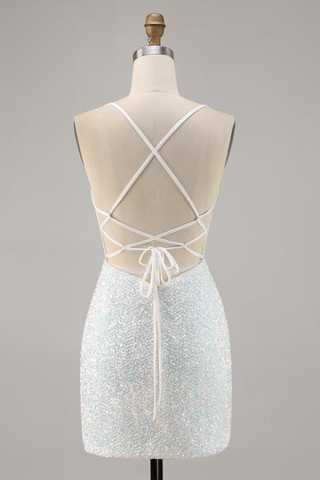 White Appliqued Corset Homecoming Dress with Sequins